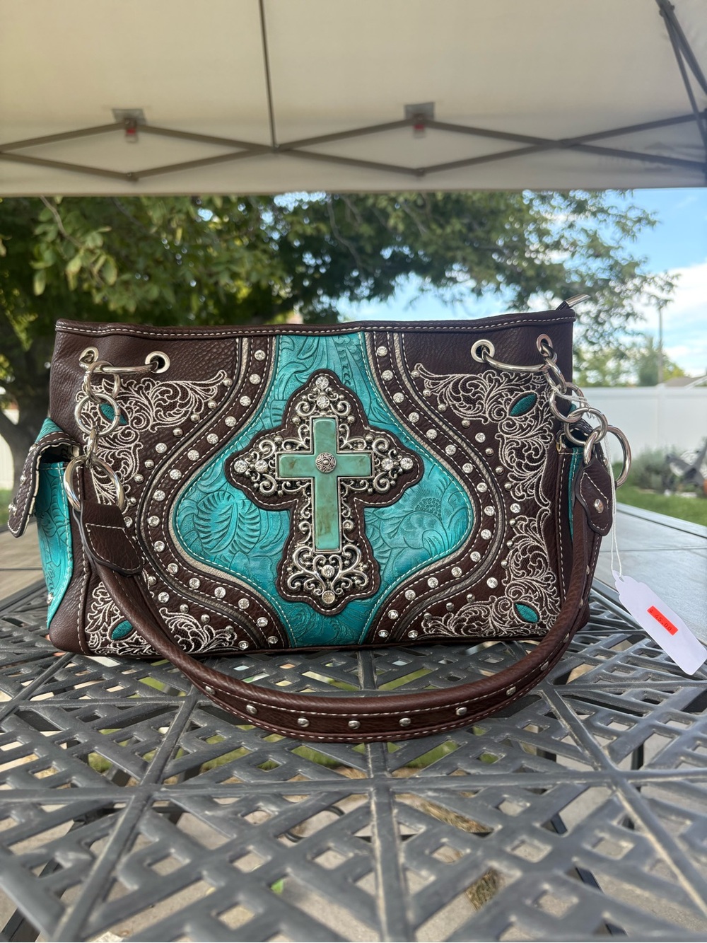 Turquoise and Brown Embroidered Cross Shoulder Conceal Carry Bag